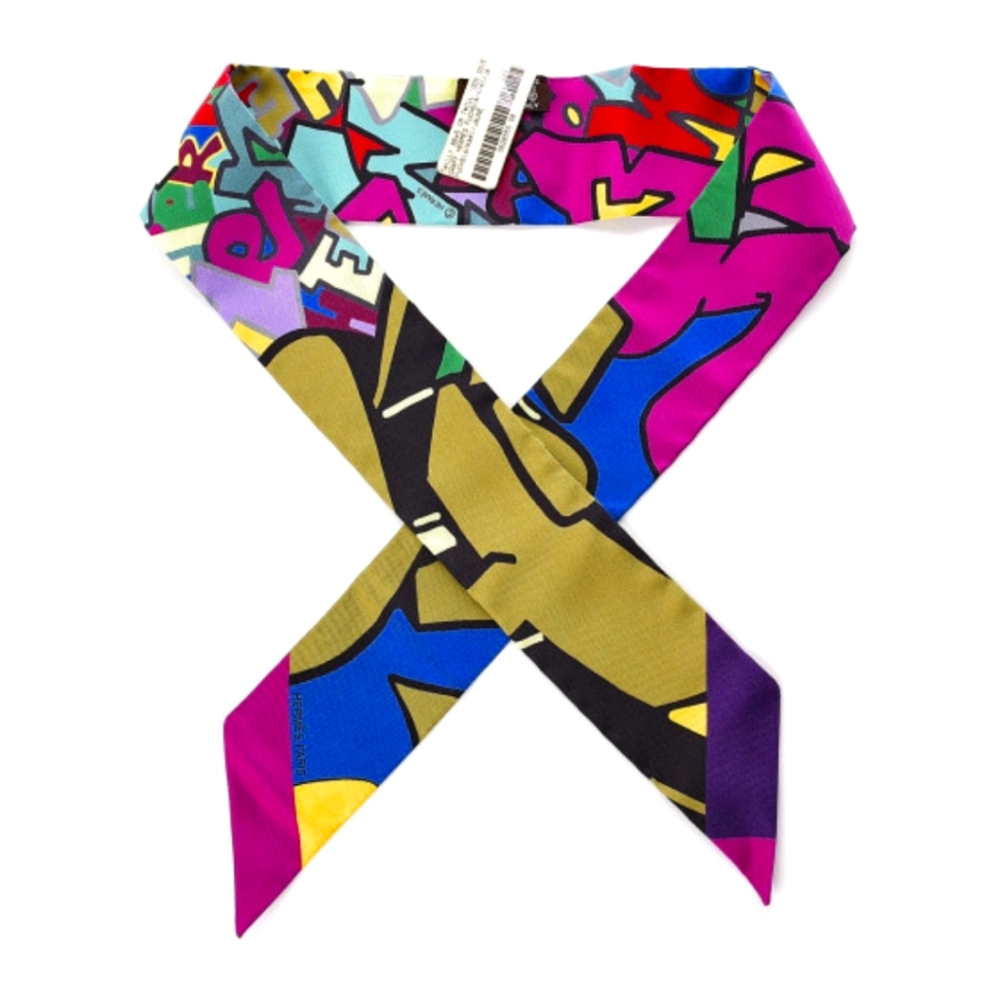 Hermes TWILLY scarf Silk Graff Graffiti Twilly Fuchsia Kaki Jaune